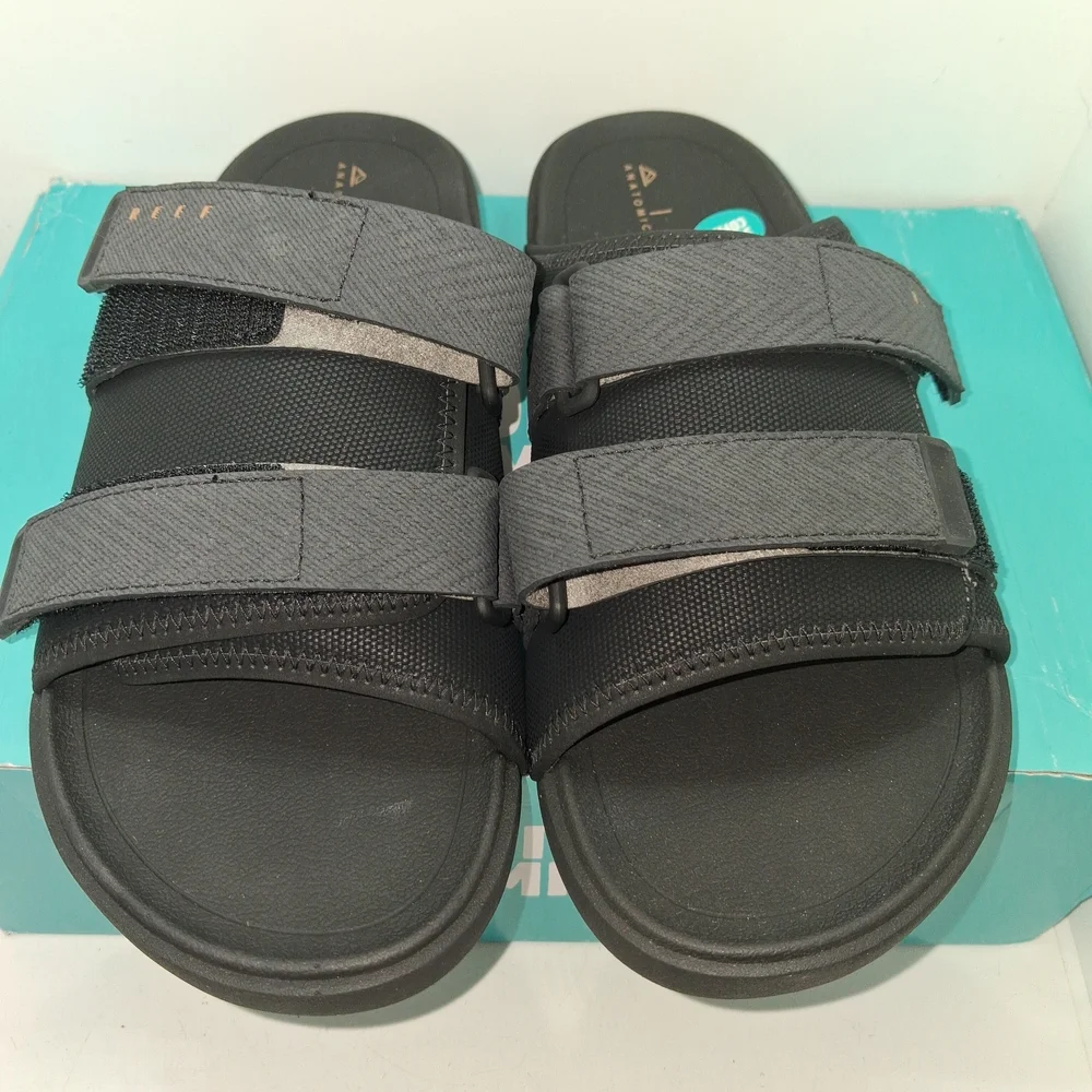 Reef Men's Black and Dark Gray Strapped Slide Sandals